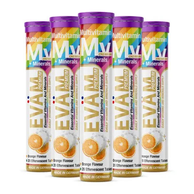 Produktbild von EVÄM Multivitamin + Mineralien Brausetabletten 5er Set – 12in1 aus Vitaminen & Mineralstoffen, vegan, zuckerfrei, hergestellt in Deutschland