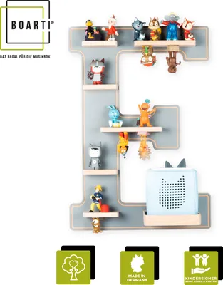 Produktbild von BOARTI Kinderregal Buchstabe E | hängend für Toniebox und Tonie Figuren | platzsparendes Regal | H. 54 x B. 38 x T. 19 | Wandregal Musikbox und Figuren Aufbewahrung Magneteinsätzen | Aufbewahrungsregal Holz