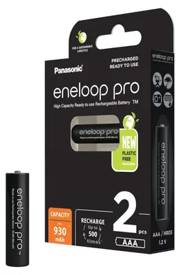 A package of Panasonic Eneloop Pro AAA rechargeable batteries, with one battery shown outside the package.