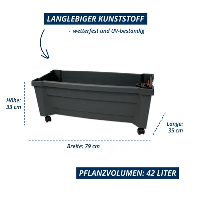 Produktbild von KHW Pflanzkasten "Calypso" aus Kunststoff auf Rollen mit Bewässerungssystem;  Maße 79 x 35 x 33 cm; UV- und wetterbeständig. Farbe: Anthrazit.