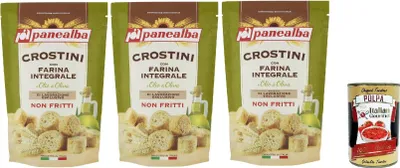 Produktbild von Panealba Crostini con Farina Integrale e Olio di Oliva, Croutons mit Vollmehl und Olivenöl Gesalzener Snack Nicht Gebraten Nicht Frittiertes, 3x 80 g + Italian Gourmet polpa 400g