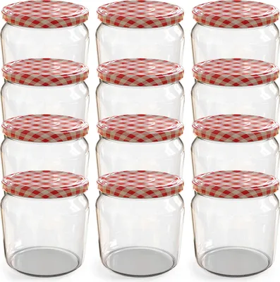 Produktbild von Oputec 12x 360 ml Einmachgläser mit Schraubdeckel rotkariert – Perfekt für Konfitüren, als Vorratsgläser mit Deckel Marmeladengläser und Schraubgläser