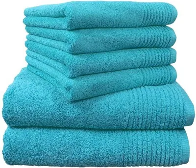 Produktbild von Unyqoos® 6-teiliges Handtuch-Set aus 100% Baumwolle, 2 x 70 x 140 + 4 x 50 x 100 cm, weiche, saugfähige türkise Frottierhandtücher mit Aufhängeschlaufe