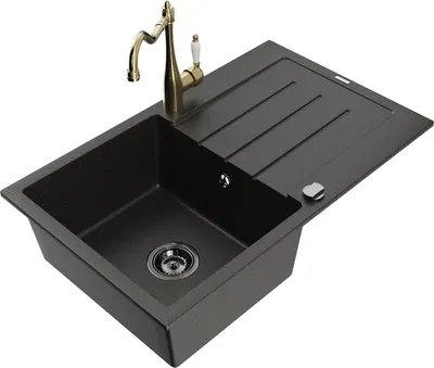 Produktbild von Mexen Bruno 1 Becken-Granitspüle mit Abtropffläche und Mischbatterie Carla, Schwarz/Gold metallisch - 6513-75-670700-50-B