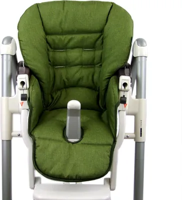 A close-up studio shot of a green padded seat cushion for a high chair, placed on the chair's frame.