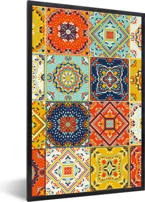 Produktbild von MuchoWow® Gerahmtes Poster Vintage - Blumen - Muster - Weiß - Orange 60x90 cm - Poster mit Schwarzem Bilderrahmen Wandposter Rahmen Foto Bilder - Kunst