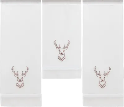 Three white towels with embroidered deer heads.