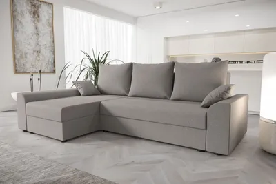 A light gray sectional sofa is shown in a modern living room setting.