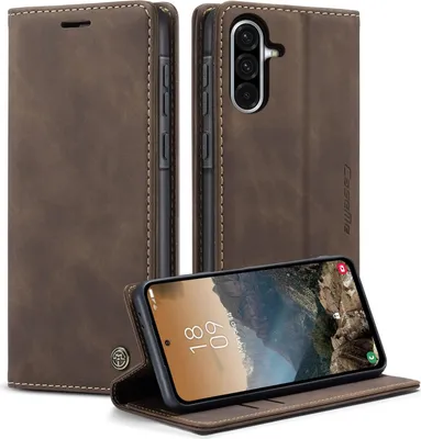 A dark brown flip case for a smartphone is shown in multiple views, with the phone inside and open.