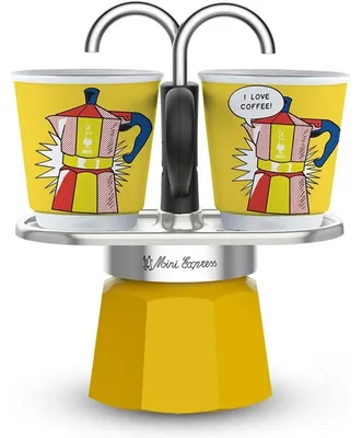 Zdjęcie produktu dla Bialetti Mini Express Lichtenstein, Kawiarka moka, Srebrny, Żółty, Aluminium, 2 kub., 90 ml, 1 szt.