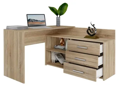 Produktbild von Rechtsseitiger Eckschreibtisch mit 3 Schubladen und 2 Regalen, viel Platz für Entfaltung, geeignet für Jugendzimmer, Büros und Ateliers, Winkelschreibtisch, Computertisch, Bürotisch 120x76x50 cm (Eiche Sonoma)