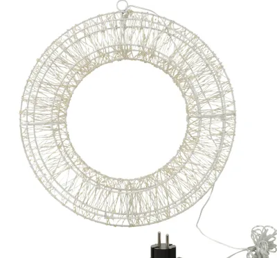A white wire wreath with lights and a plug.