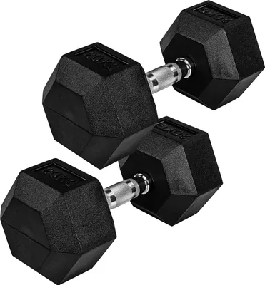 Two black hexagonal dumbbells are shown against a white background.