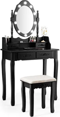 Productafbeelding van COSTWAY Make-up tafel met kruk, 360° draaibare spiegel en 10 dimbare LED-lampen, make-up tafel met afneembaar plateau, make-up tafel met 4 lades