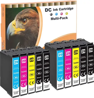 A multi-pack of D&C ink cartridges is displayed in front of its packaging, which features an image of an eagle.