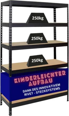 Produktbild von Schwerlastregal Rivet | HxBxT 180x120x45 cm | Fachlast 250kg | Innovatives Stecksystem | Schwarz