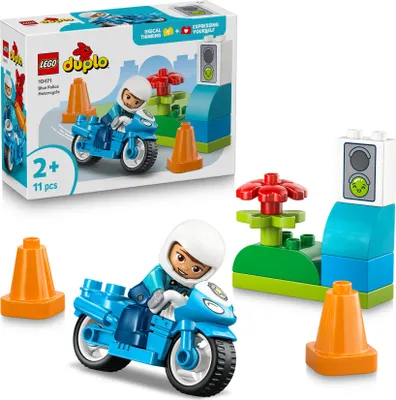 Produktbild von LEGO DUPLO Blaues Polizeimotorrad - Lernspielzeug zur Förderung der Motorik für Kleinkinder - inkl. Motorrad, Polizisten Figur und Verkehrsampel - Geschenk für Jungen und Mädchen ab 2 Jahren - 10471