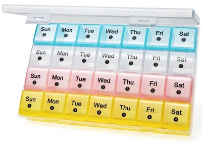 Immagine prodotto di Contenitore per compresse da 28 giorni, con 28 scomparti. Dose per pillole, contenitore per farmaci, organizer per vitamine, disponibile in diversi colori