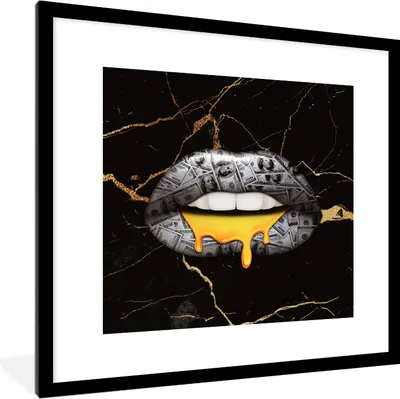 Produktbild von MuchoWow® MuchoWow® Gerahmtes Poster Lippen - Geld - Abstrakt 40x40 cm - Poster mit zchwarzem Bilderrahmen - Poster - Plakat im Rahmen