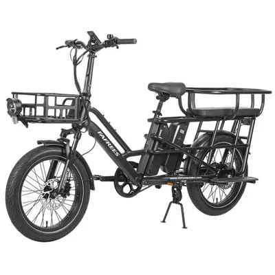 A black electric cargo bike is shown against a white background.