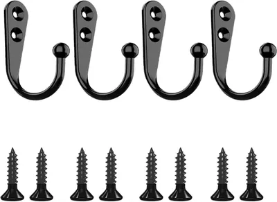 Produktbild von Kleiderhaken schwarz mit Schrauben – Set mit 4 Stück – Wandhaken mit hoher Belastbarkeit – Garderobenhaken schwarz – Für Schlafzimmer, Badezimmer, Kleiderschrank