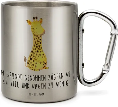 Produktbild von Mr. & Mrs. Panda Karabiner Becher Giraffe Zufrieden - Transparent - Geschenk, Teetasse, Glück, Campingtasse, Teebecher, Thermobecher, Edelstahl-Thermobecher, Afrika