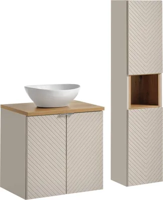 Zdjęcie produktu dla Szafka Łazienkowa 60 Cm Kaszmir Z Blatem Dąb I Umywalką Nablatową + Słupek