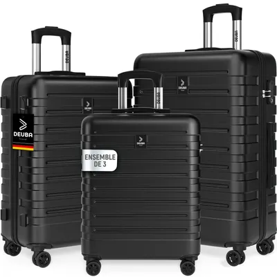 Image de DEUBA® Set de 3x Valises Rigides M, L, XL - Bagage Cabine, Taille moyenne & Bagage en Soute - Coque ABS Résistante & Légère - 4 Roues Doubles 360°, Serrure intégrée - Noir