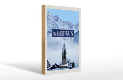 Produktbild von Holzschild Reise 20x30cm Serfaus Schnee Berge Kirche Winter