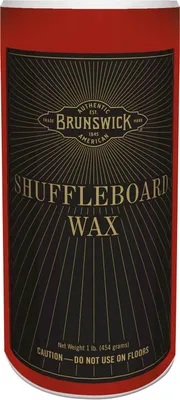 A can of shuffleboard wax with a red top and a black label featuring gold text and graphics.