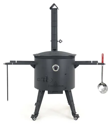 Produktbild von Utschak Feuerofen Ø 49 cm + Gusseisen-Kasan 22 L, runder Boden + Küchenzubehör, Usbekischer Kochtopf aus Gusseisen