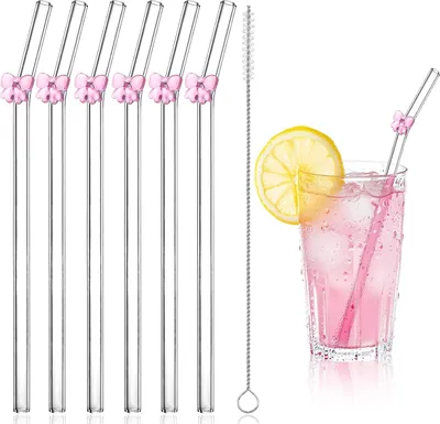 Produktbild von 6-teiliges Set Glasstrohhalme mit Schleifenmuster - Wiederverwendbare Trinkhalme aus Borosilikatglas - Lange Strohhalme (Set von 6)
