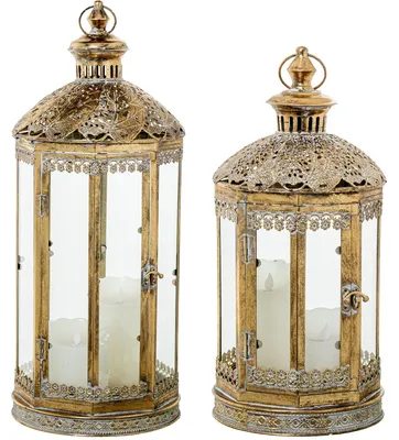 2er-Set Laternen, vergoldetes Metall, 27x27x67 cm