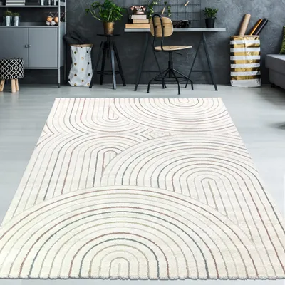 Produktbild von Moderner Teppich mit Bogenmuster in Beige und bunten Akzenten Größe - 140 x 200 cm