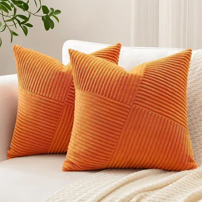Productafbeelding van Corduroy kussenhoezen, set van 2, met een gestreept windmolenmotief, patchworkdesign, 60x60 cm, oranje