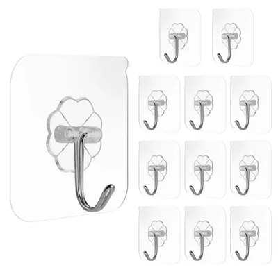 Produktbild von 12 selbstklebende Haken, magische, wiederverwendbare, transparente Kleiderhaken, Kunststoffhaken, wasserdichte Badezimmerhaken, kein Bohren erforderlich, zur Wand- und Deckenmontage in Küche und Bad.