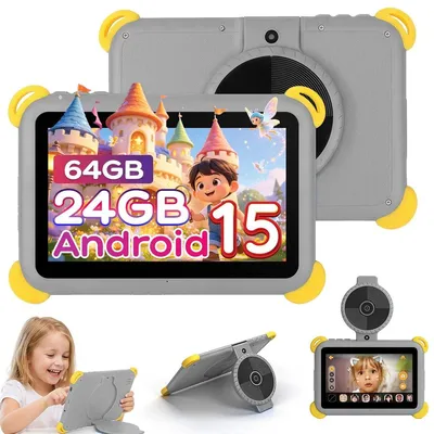 Produktbild von JENBIZZ Kinder Tablet 7'', Android 15, 24GB+64GB(1TB TF), Kindersicherung, KI-Dual-Kamera und Lernfunktionen, Widevine L1, WLAN 6, Grau