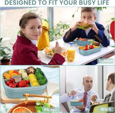 Image de Grande boîte à lunch double, étanche, portable, adaptée aux enfants, en deux parties, avec 5 compartiments, 1 900 ml, boîte à goûter résistante avec cuillère