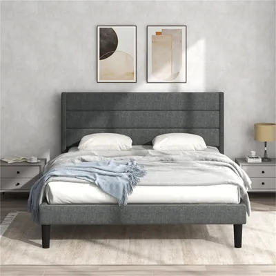 Produktbild von Polsterbett Polsterbett 140 x 200 cm, Bettgestell Lattenrost & Kopfteil, gepolstertes Doppelbett, Textilbezug Leinen in Dunkelgrau