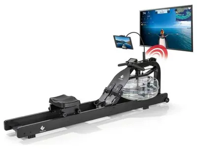 Produktbild von FitEngine Rudergerät Rudermaschine Wasserwiderstand Smart schwarz 210x50x60cm Wasser-Rudergerät Ruderzugmaschine Display LCD Heimtrainer Holz