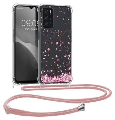 Produktbild von kwmobile Necklace Case kompatibel mit Oppo A16 / A16s / A54s Hülle - Silikon Cover mit Handykette - Rosa Dunkelbraun Transparent Kirschblütenblätter