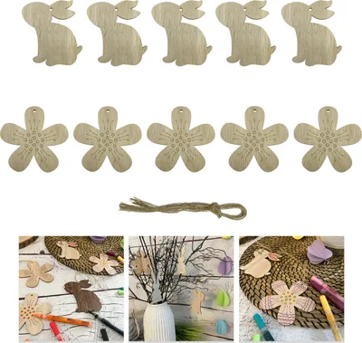 Produktbild von Oblique Unique Holz Hasen und Blumen Anhänger 10er Set zum Aufhängen Hängedeko Osterstrauß Deko für Ostern zum Basteln
