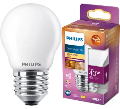 Zdjęcie produktu dla Philips Świeczka żarnikowa matowa 40 W P45 E27, 3,4 W, 40 W, E27, 470 lm, 15000 h, Ciepły blask