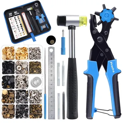 Produktbild von Lochzange für Leder mit Hebelübersetzung, blau, inkl. 6 Aufsätzen, 100 Druckknöpfe, 240 Nieten