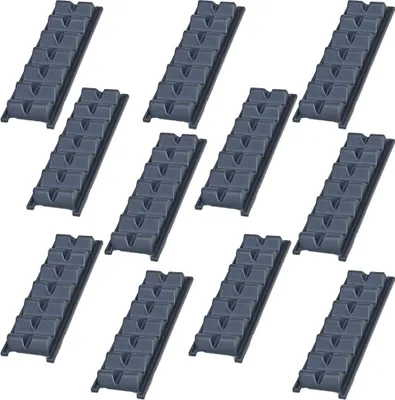 A collection of grey plastic bread holders arranged in rows on a white background.