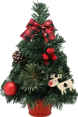 A small, decorated artificial Christmas tree in a red pot.