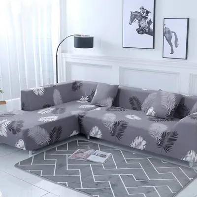 Produktbild von Schnittcouchbezüge 2 Stück L-Form Sofa Schonbezug Möbelschutz mit 2 Stück Kissenbezüge, L-Typ Stretch-Polyester Stoff Sofabezüge 3 Sitze +3 Sitze, Schwarzes Federblatt