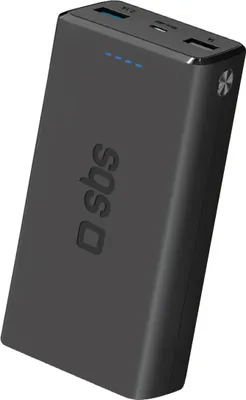 A black power bank is shown against a white background.