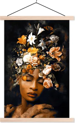 Produktbild von MuchoWow® Textilposter Blumen - Frau - Gold 40x60 cm mit holzfarbenen Rahmen - Poster