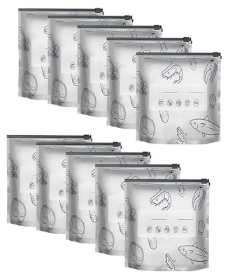 Produktbild von 10 wiederverwendbare, auslaufsichere und vakuumverschließbare Aluminiumfolienbeutel mit Etikett und Standboden zur Aufbewahrung von Obst, Gemüse und Fleisch.